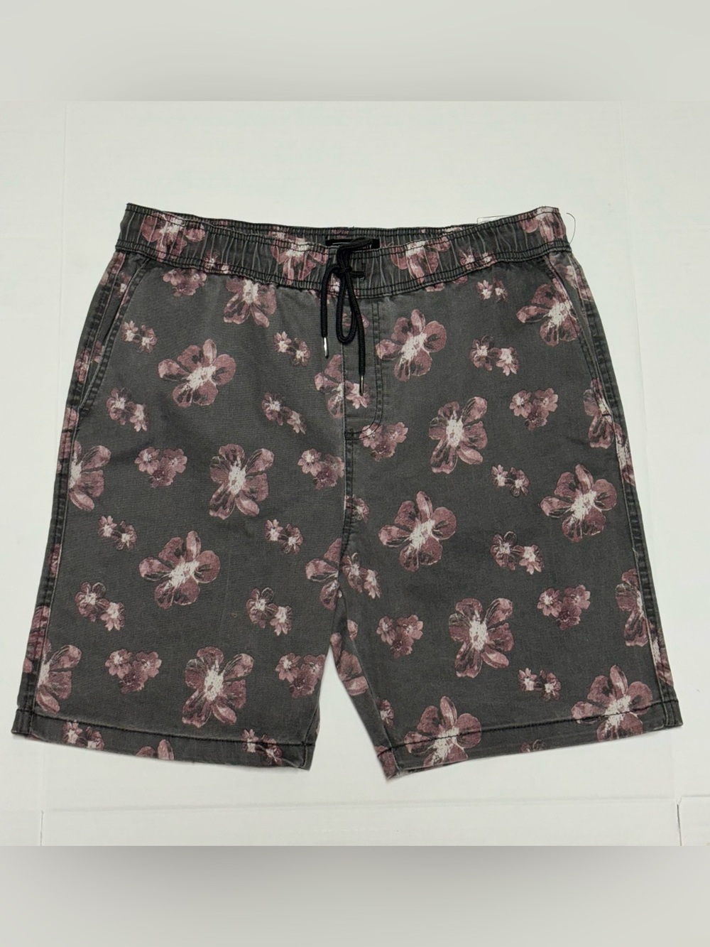 Men's Floral Print Drawstring Shorts - Charcoal with Pink Flowers